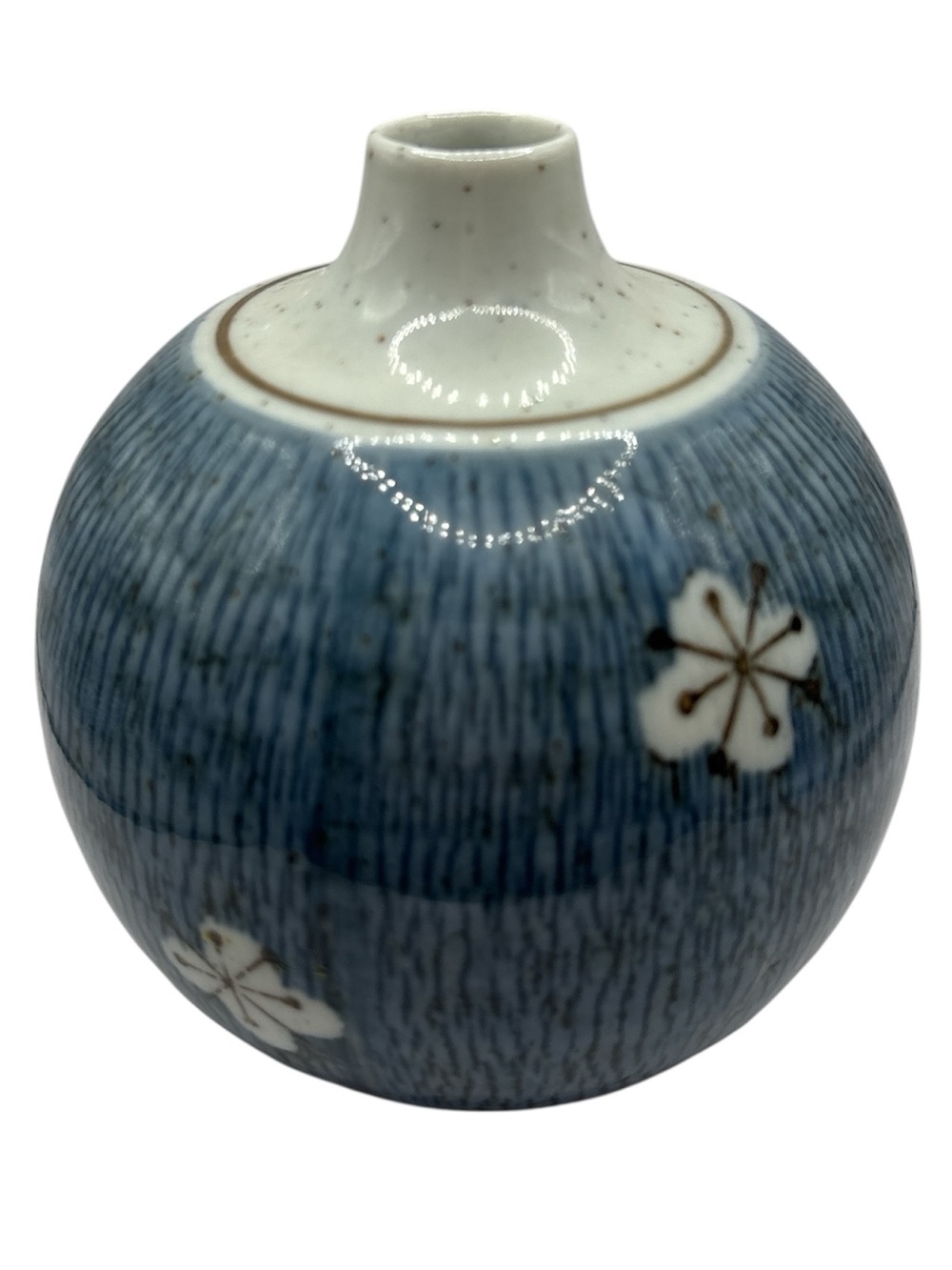 Blue Asian Cherry Blossom Brown Speckled Round 4" Bud Vase Otagiri - Picture 2 of 6